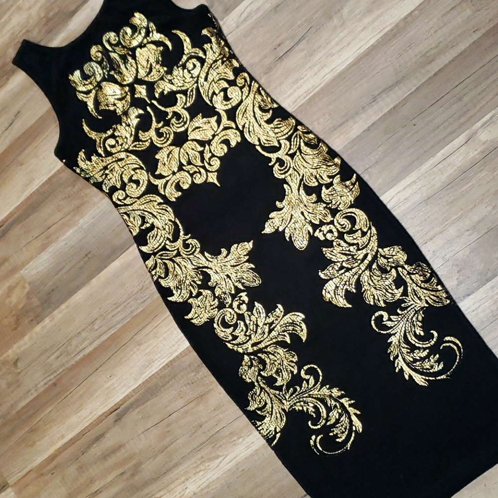 Party Velvet Black Midi Dress With Gold print